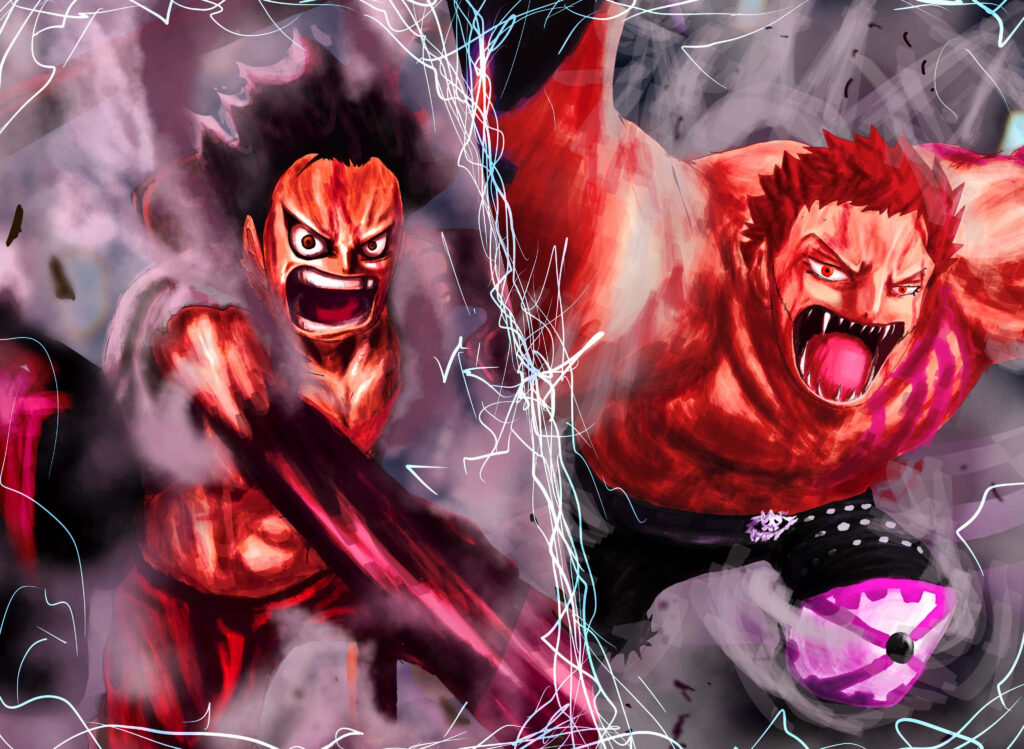 Monkey D Luffy and Charlotte Katakuri intense battle with electric energy anime wallpaper