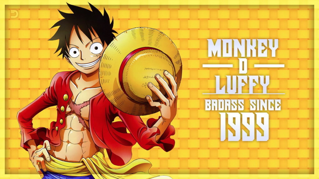 Monkey D Luffy anime wallpaper smiling pirate with straw hat red shirt textured yellow background