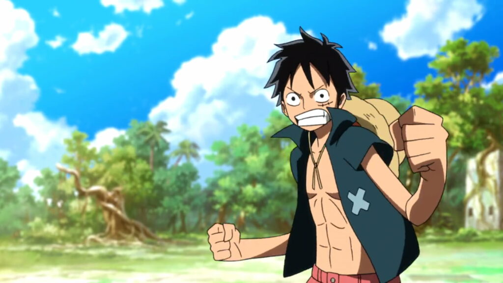 Monkey D Luffy determined pose with straw hat in tropical forest One Piece anime wallpaper