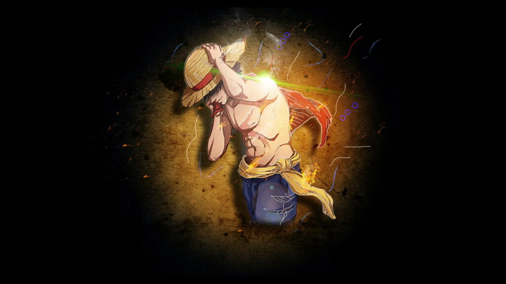 Monkey D Luffy shirtless anime wallpaper glowing embers intense energy One Piece pirate captain
