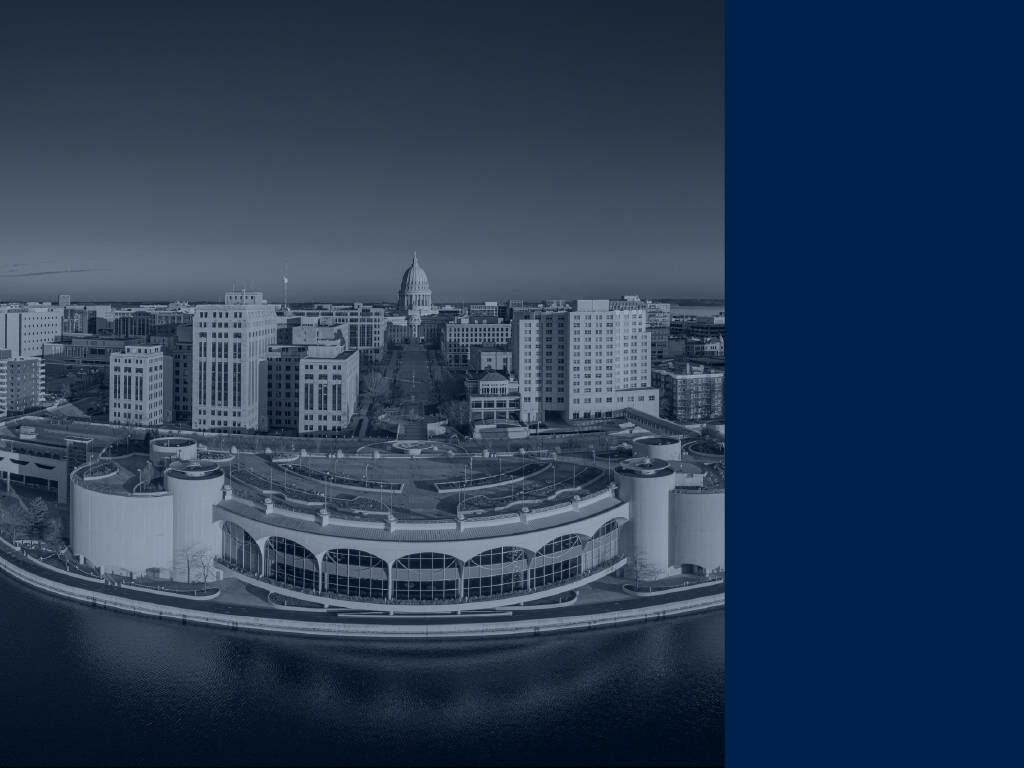 Monochrome Aerial City View with Dome Building & Waterfront Structure Wallpaper