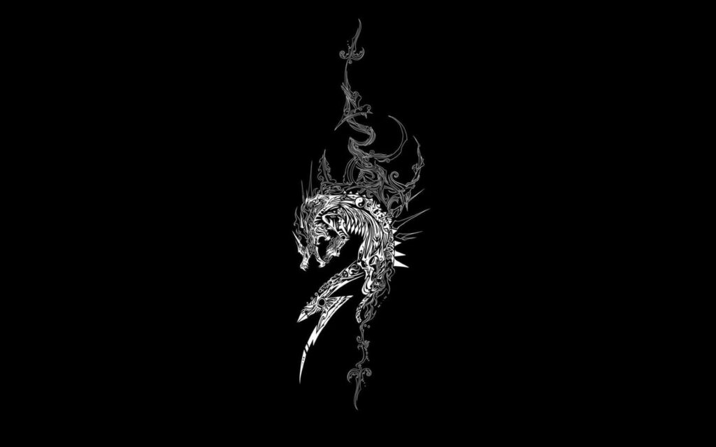 Intricate Monochromatic Dragon Wallpaper on Black Background
