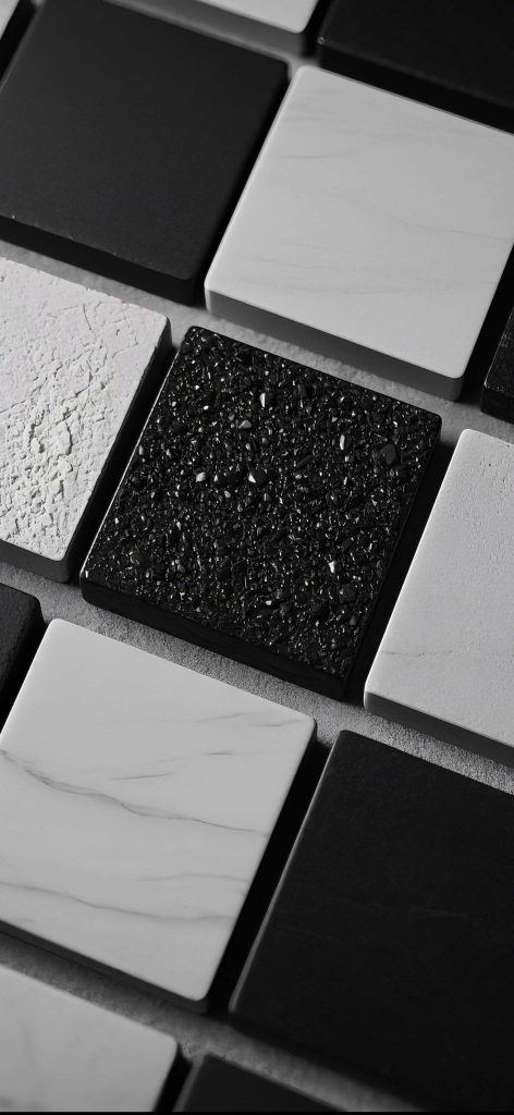 Monochromatic geometric wallpaper with varied square tiles in marble black white textured design