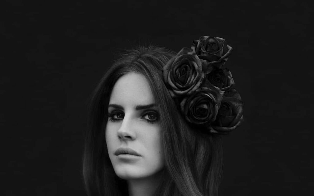 Monochrome Wallpaper of Lana Del Rey with Floral Headpiece