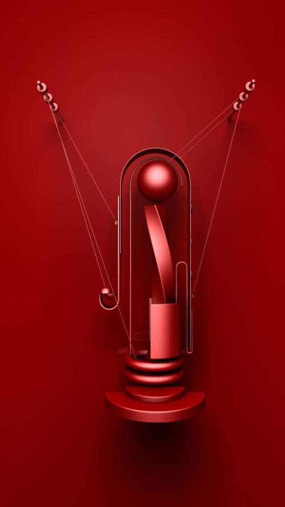 Monochromatic red 3D abstract geometric sculpture with elegant curves suspended sphere wallpaper
