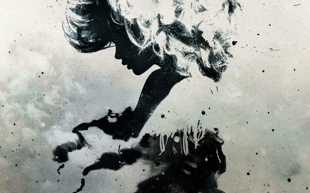 Monochromatic Silhouette Artwork: Textured Black and White Design Wallpaper