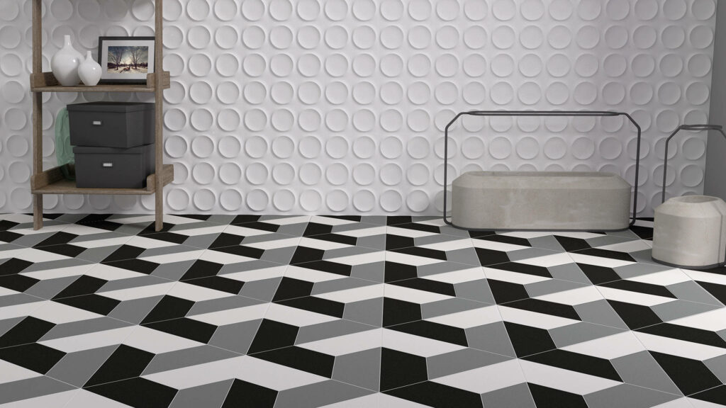 Monochrome 3D Steps Floor Tiles Wallpaper: Modern Optical Illusion