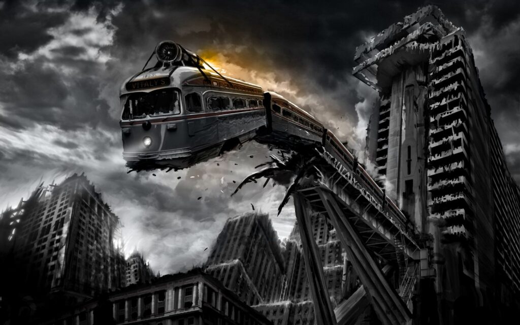 Dramatic Monochrome Train Wallpaper: Dystopian Urban Explosion