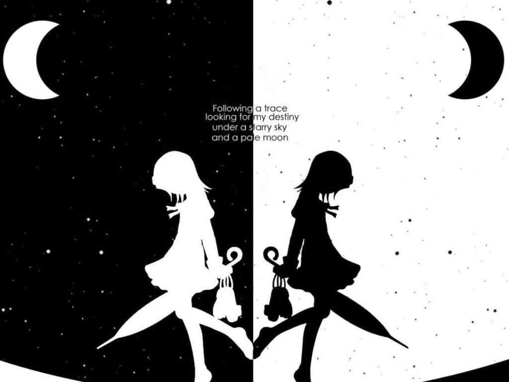 Duality in Monochrome: Anime Characters with Umbrellas | Wallpaper