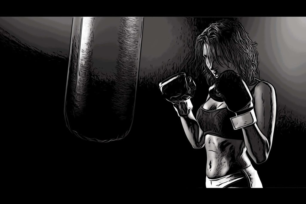 Monochrome digital art of a girl boxing intensely with heavy bag fitness workout wallpaper background