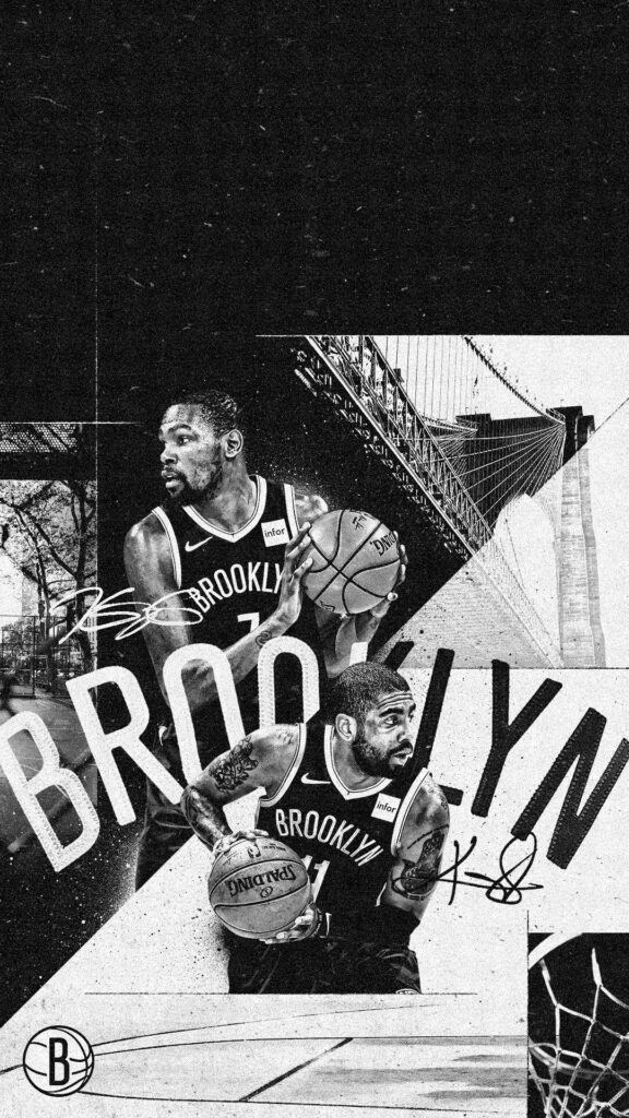 Monochrome Brooklyn Nets wallpaper with player portraits Brooklyn Bridge geometric urban textures