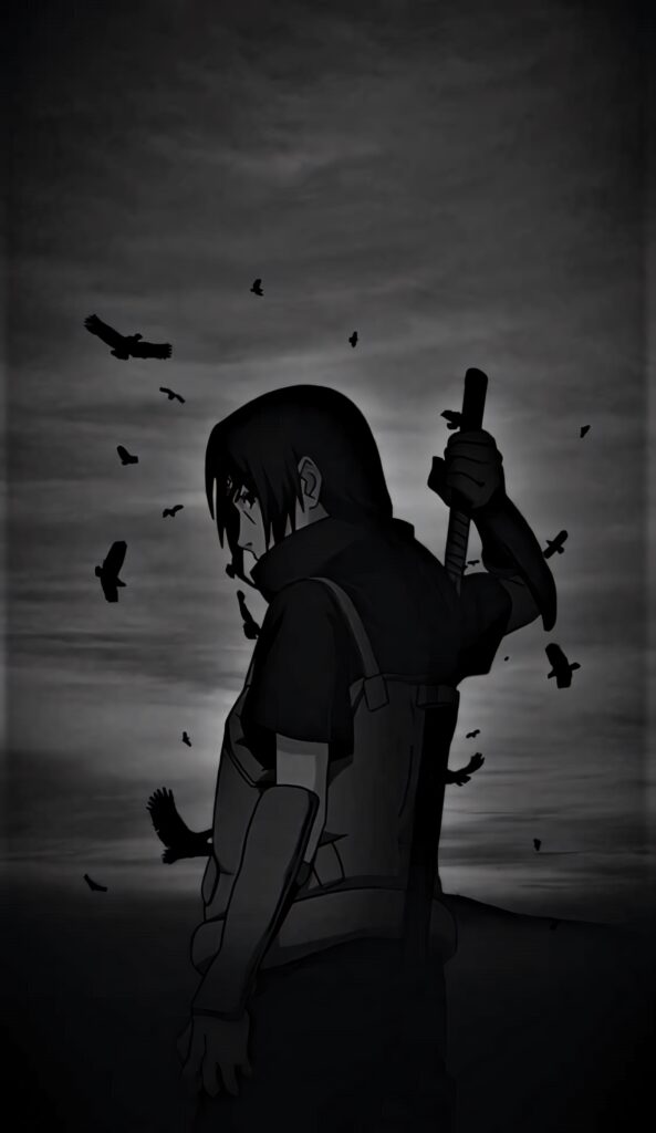 Monochrome Wallpaper: Sword-Wielding Silhouette Amidst Crows