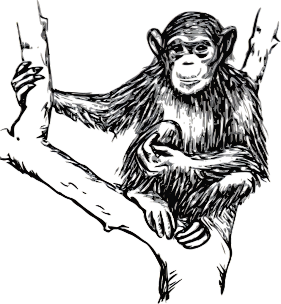 Charming Chimpanzee Line Art Wallpaper: Monochrome Tree Scene