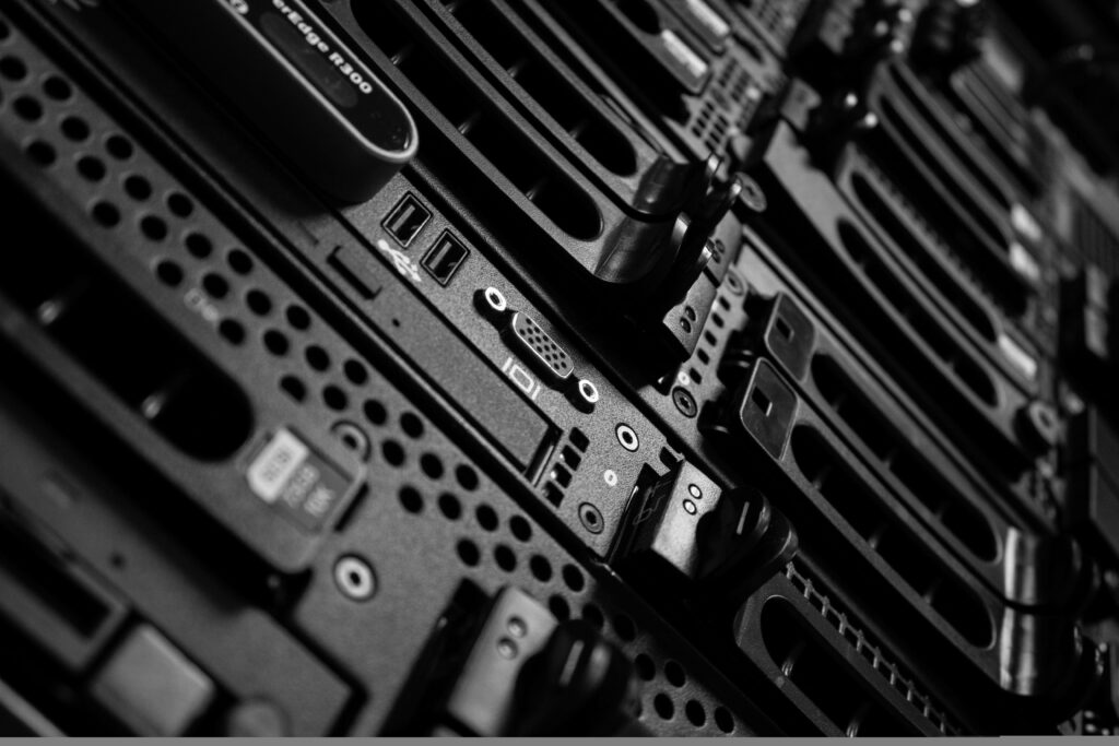 Monochrome Database Server Close-Up: Intricate Hardware Wallpaper