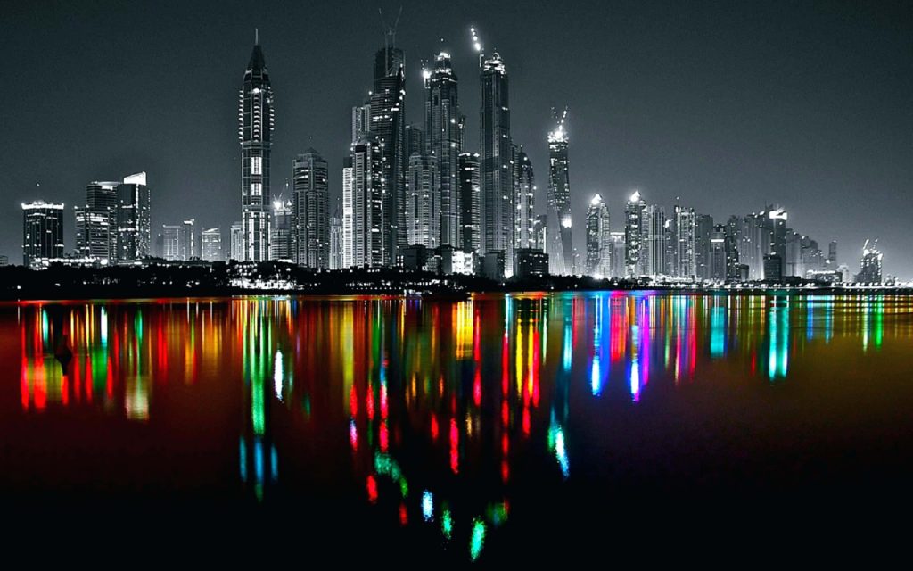 Monochrome Dubai Marina skyline with neon reflections on water modern cityscape wallpaper