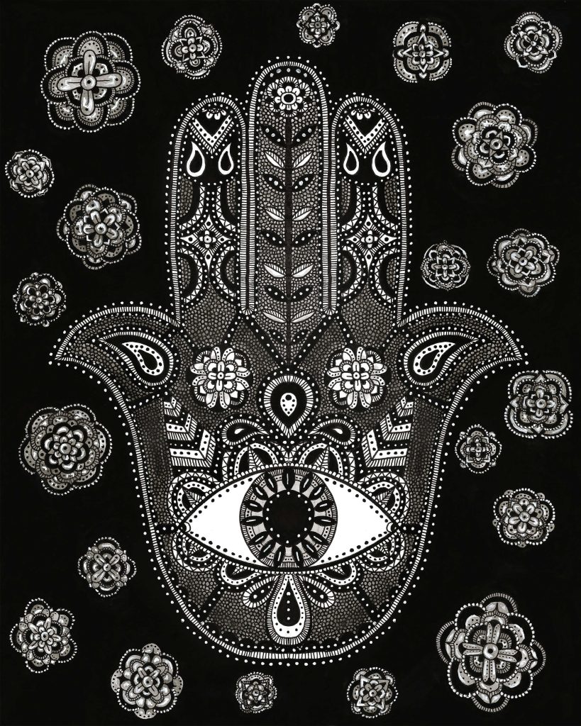 Monochrome Hamsa hand wallpaper with mandala patterns floral motifs and central evil eye on black