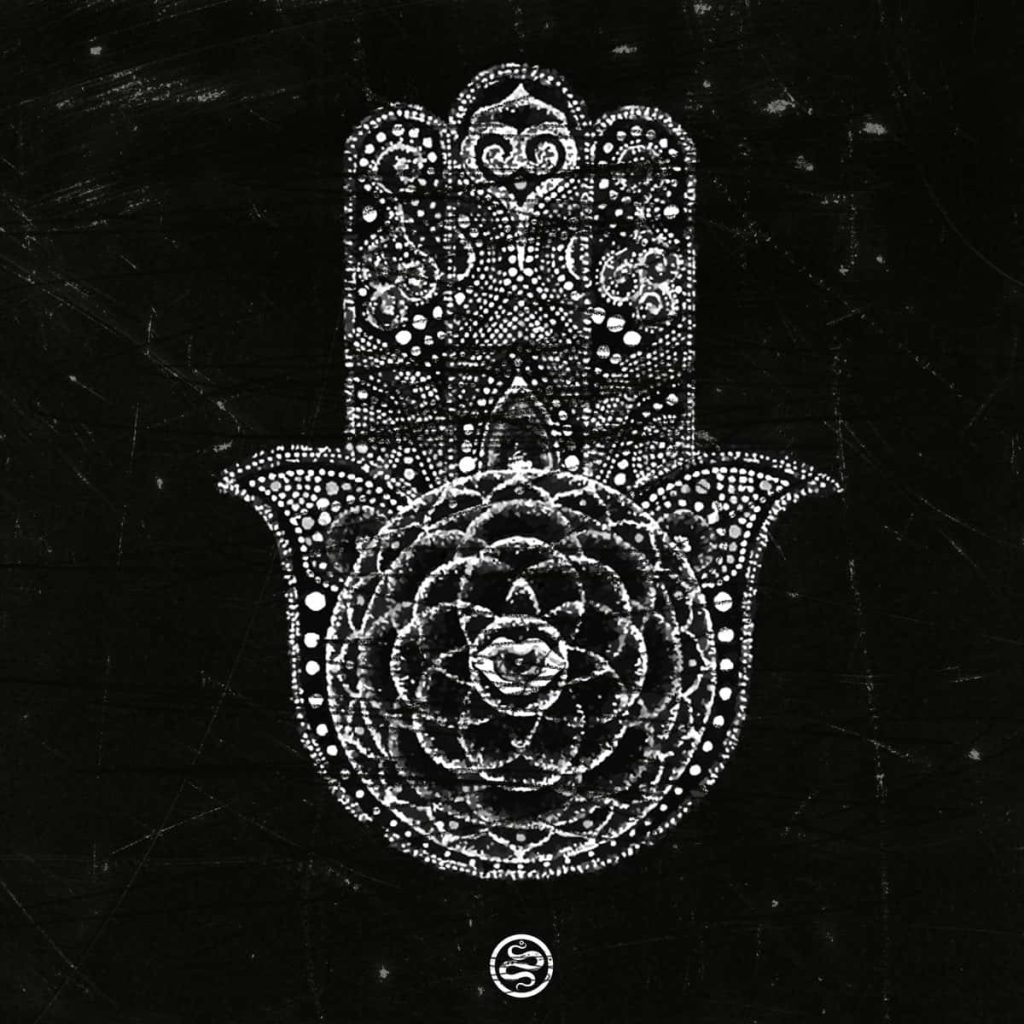 Monochrome Hamsa Hand wallpaper with mandala patterns and central eye on black textured background