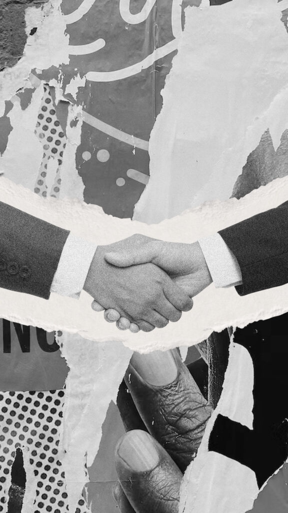 Monochrome Collage Wallpaper: Handshake Symbolizing Partnership
