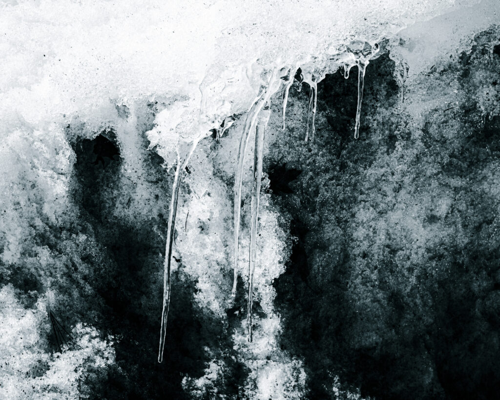 Monochrome Icicles & Snow: Intricate Frosty Ice Details Wallpaper