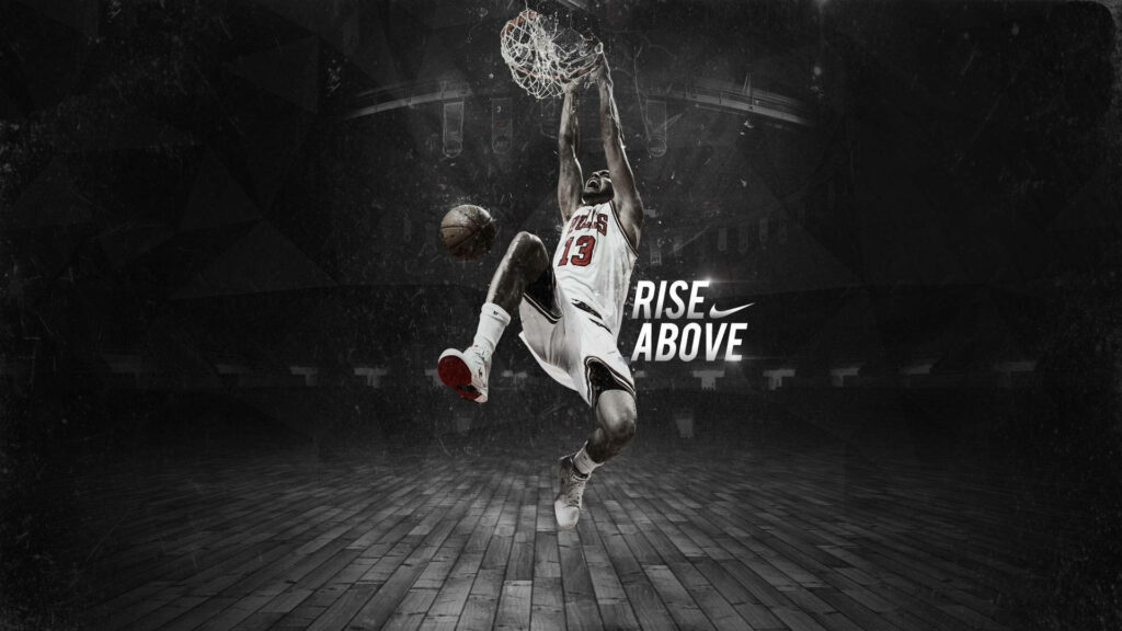 Dunking into Greatness: Monochrome Basketball Art with 'Rise Above' Text Wallpaper