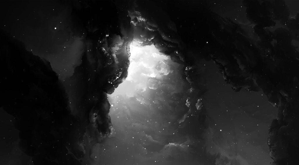 Black and white outer space wallpaper with swirling nebula and glowing cosmic center background