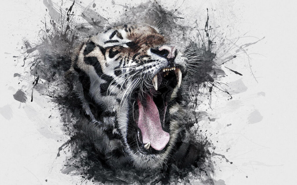 Dynamic Roaring Tiger Wallpaper: Artistic Monochrome Design
