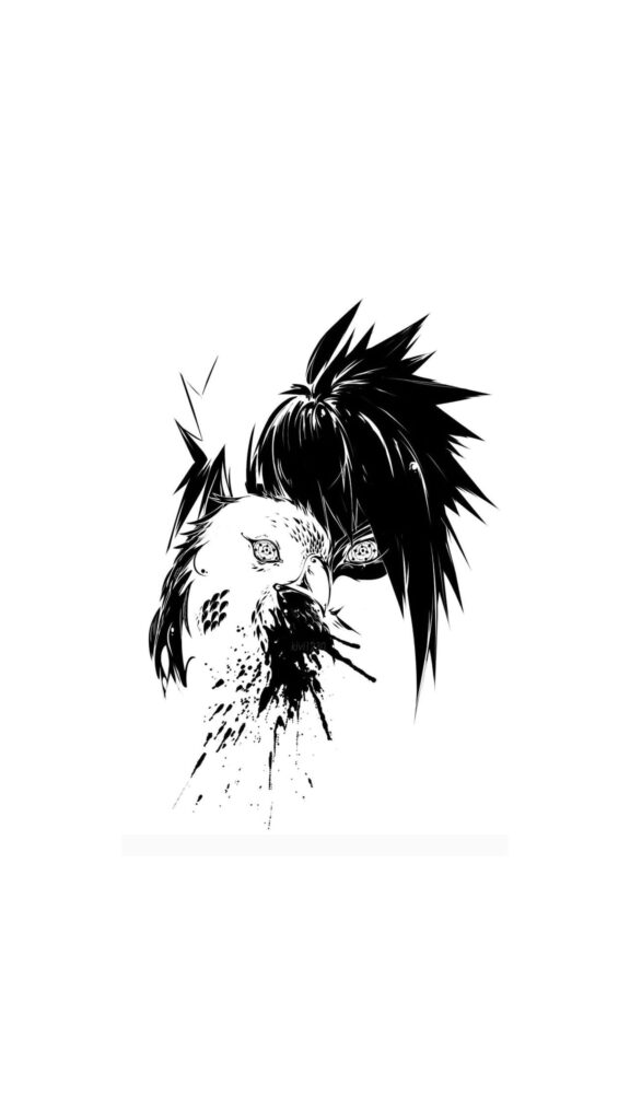 Monochrome Sasuke Uchiha Ink Artwork Wallpaper with Bird Design