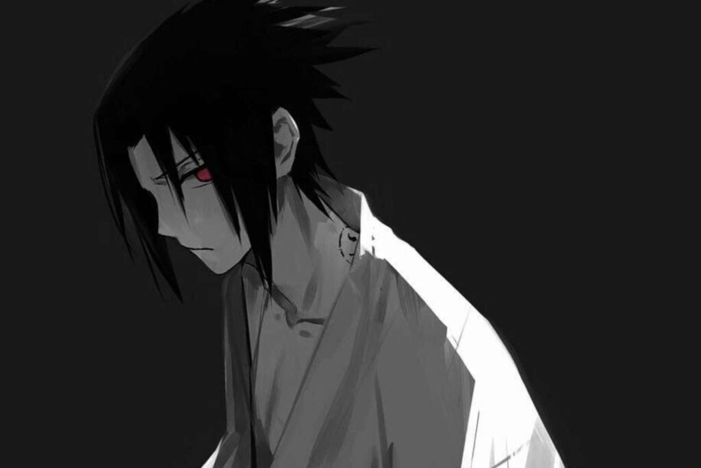 Monochrome Sasuke Uchiha Portrait with Red Sharingan Wallpaper