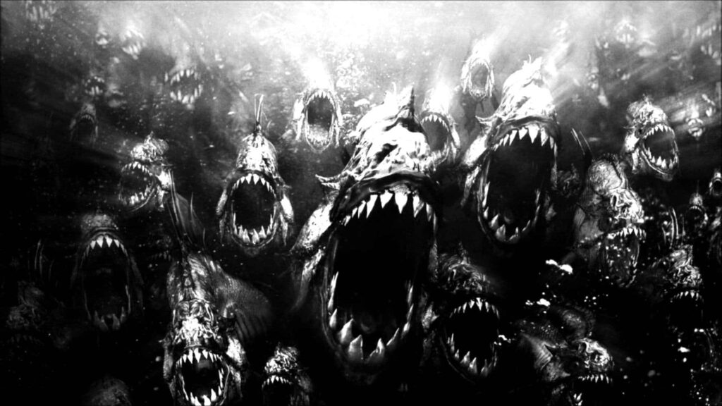 Monochrome Shark Wallpaper: Intense Underwater Scene Background
