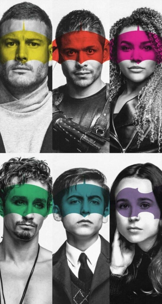 Vibrant Monochrome Umbrella Academy Wallpaper with Colorful Masks