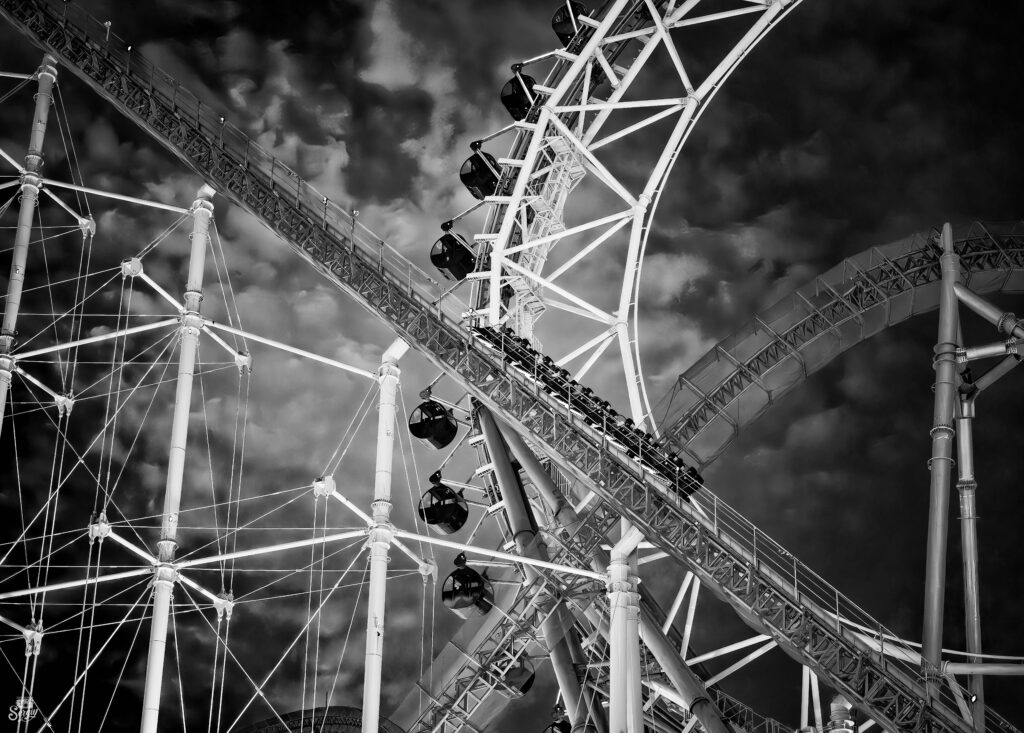 Elegant Black and White Wallpaper of Ferris Wheel & Roller Coaster