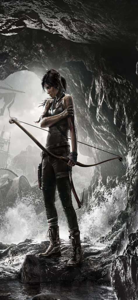 Monochromatic Power: Lara Croft Unleashed with her Bow and Arrow Wallpaper