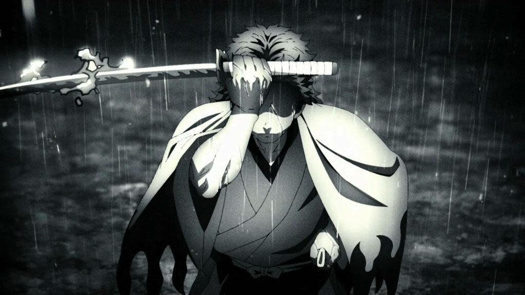 Monochrome Warrior in Rain: Intense Battle-Ready Wallpaper