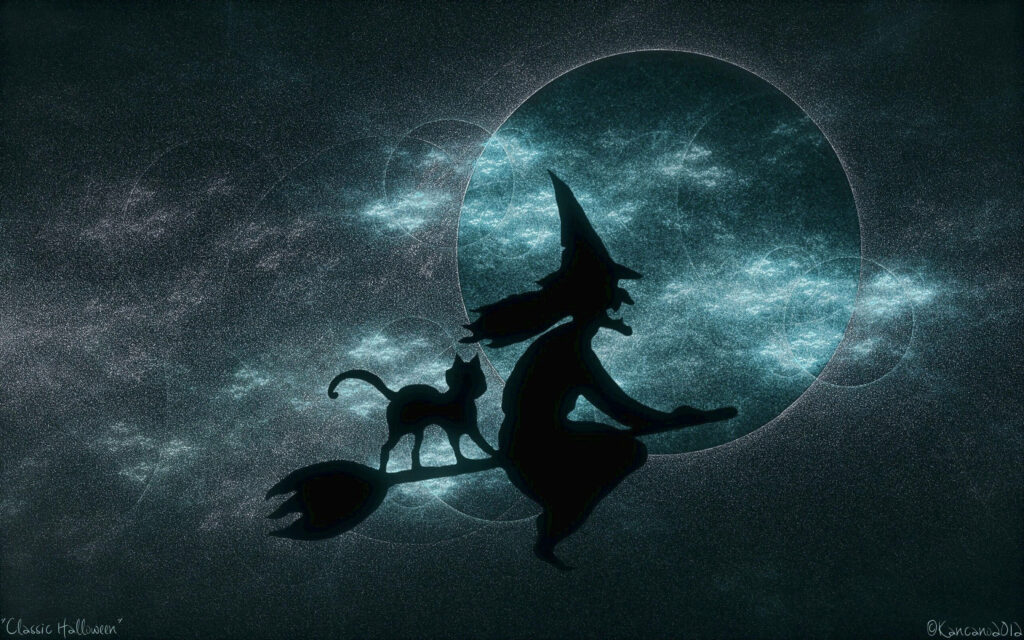 Monochrome Halloween wallpaper with witch silhouette riding broomstick and cat by full moon
