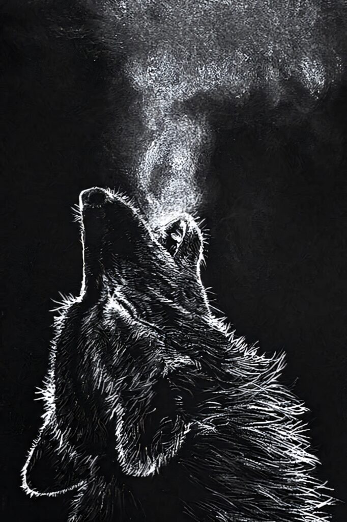 Monochrome Wolf Howling Wallpaper: Intricate Texture & Dark Background