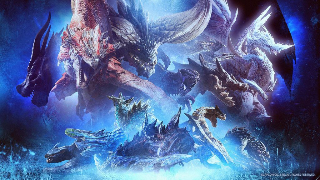 Monster Hunter World Iceborne wallpaper with Elder Dragons Velkhana Nergigante Rathalos icy backdrop
