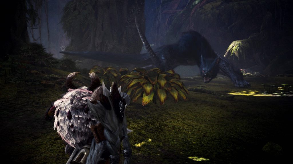 Armored hunter faces fierce Nargacuga in lush Ancient Forest Monster Hunter World wallpaper