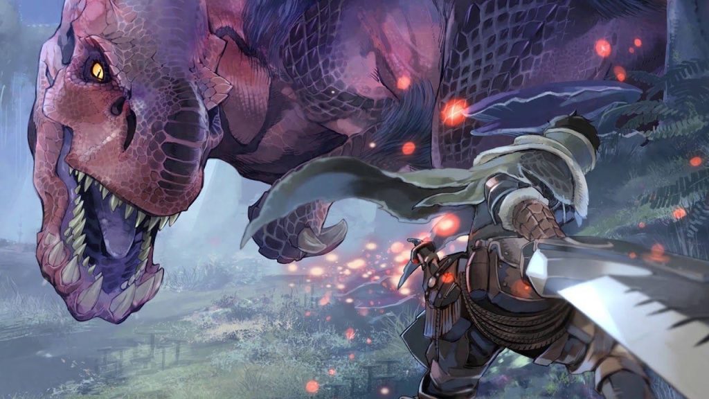 Monster Hunter World hunter with massive blade faces giant purple Anjanath in misty landscape Wallpaper