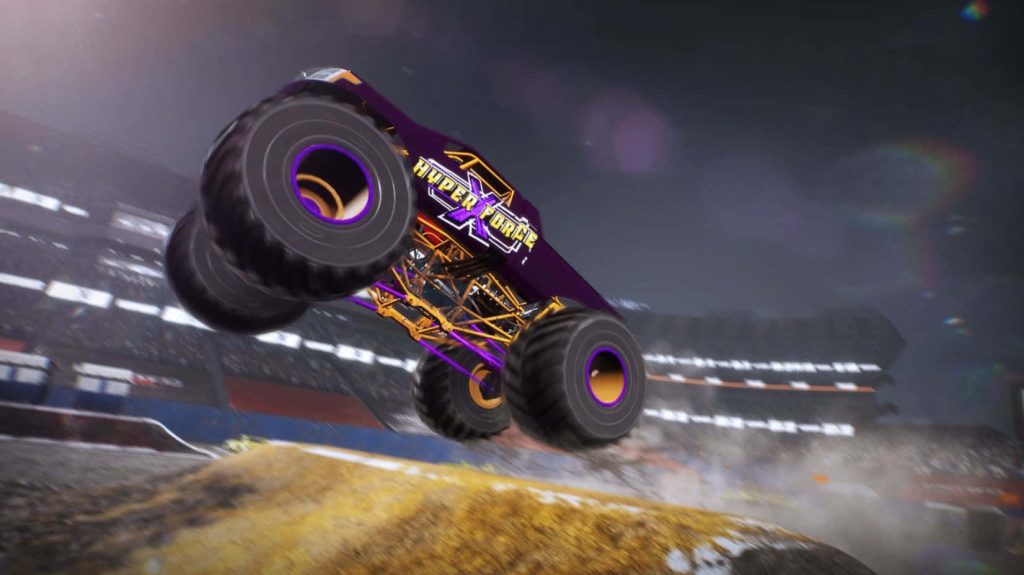 Hyper Force monster truck mid-air jump in vibrant purple and orange CGI stadium wallpaper