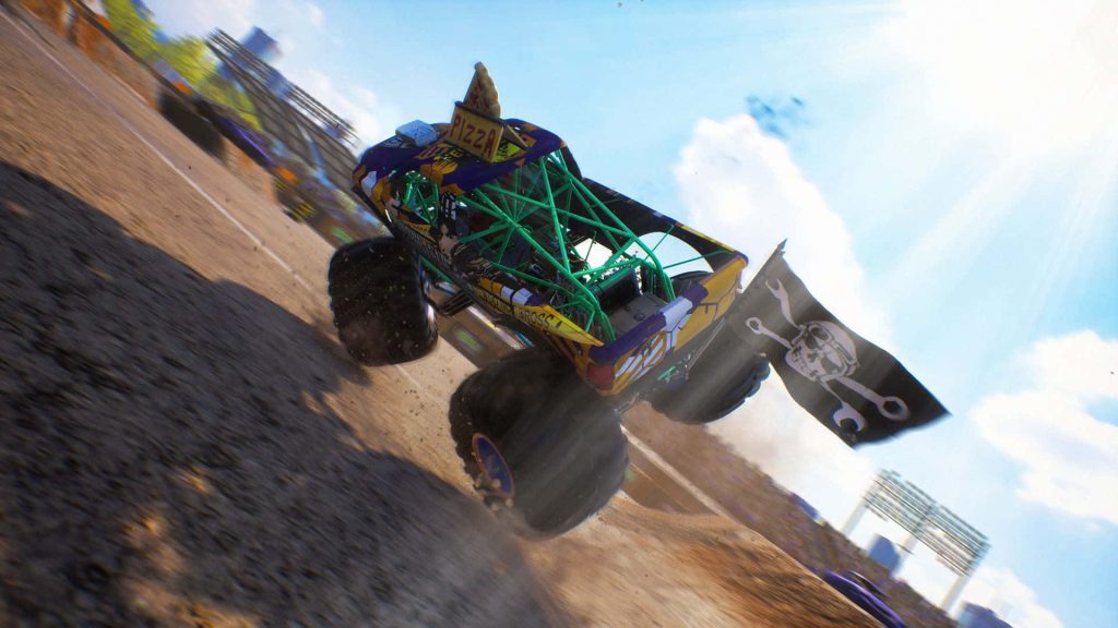 Pizza-themed monster truck racing over dirt track with skull flag vibrant gameplay wallpaper