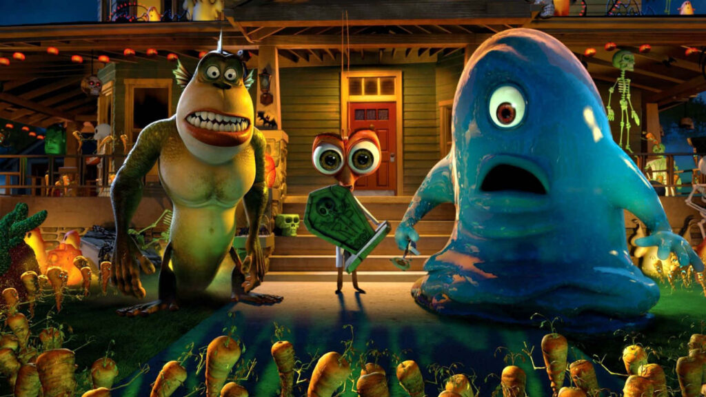 B.o.b., Dr. Cockroach, and The Missing Link Battle Zombie Carrots in Stunning HD Landscape - Monsters Vs. Aliens Backdrop Wallpaper