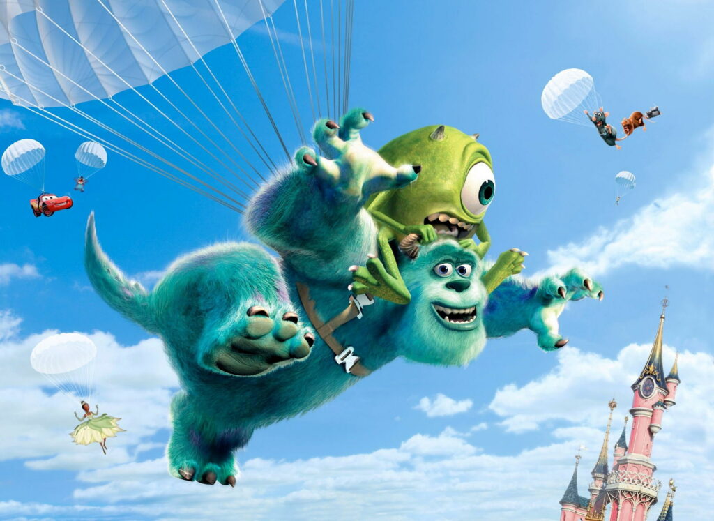 Colorful 3D Disney Pixar characters parachuting over fairytale castle in sunny sky wallpaper