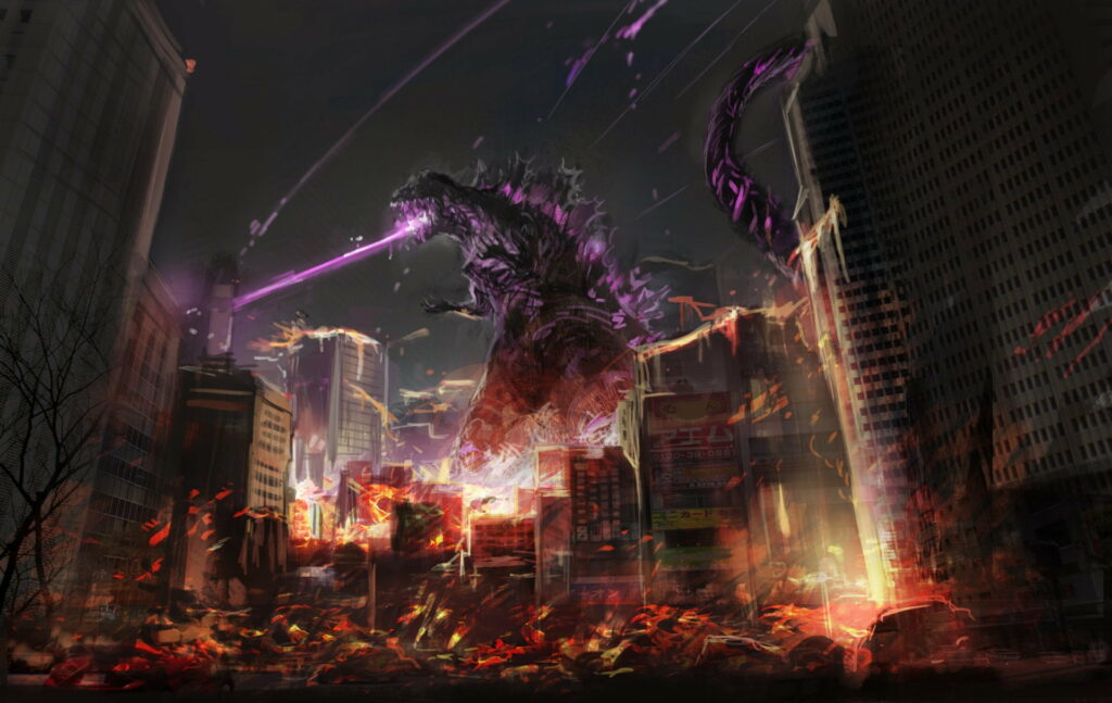 Shin Godzilla unleashing purple atomic beam on burning city at night chaotic destruction wallpaper