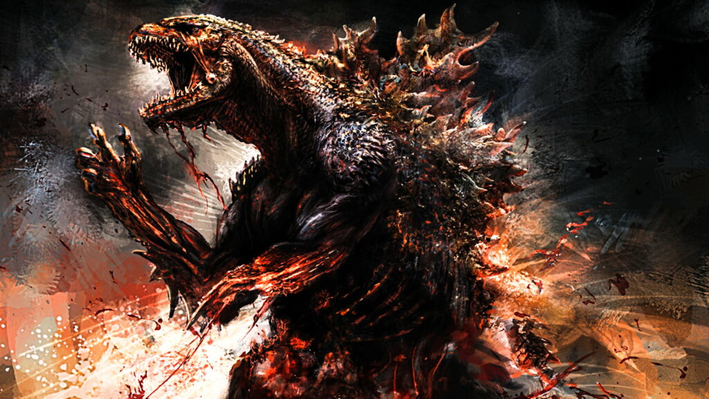 Godzilla Kaiju King roaring with fiery red orange highlights on dark textured wallpaper background