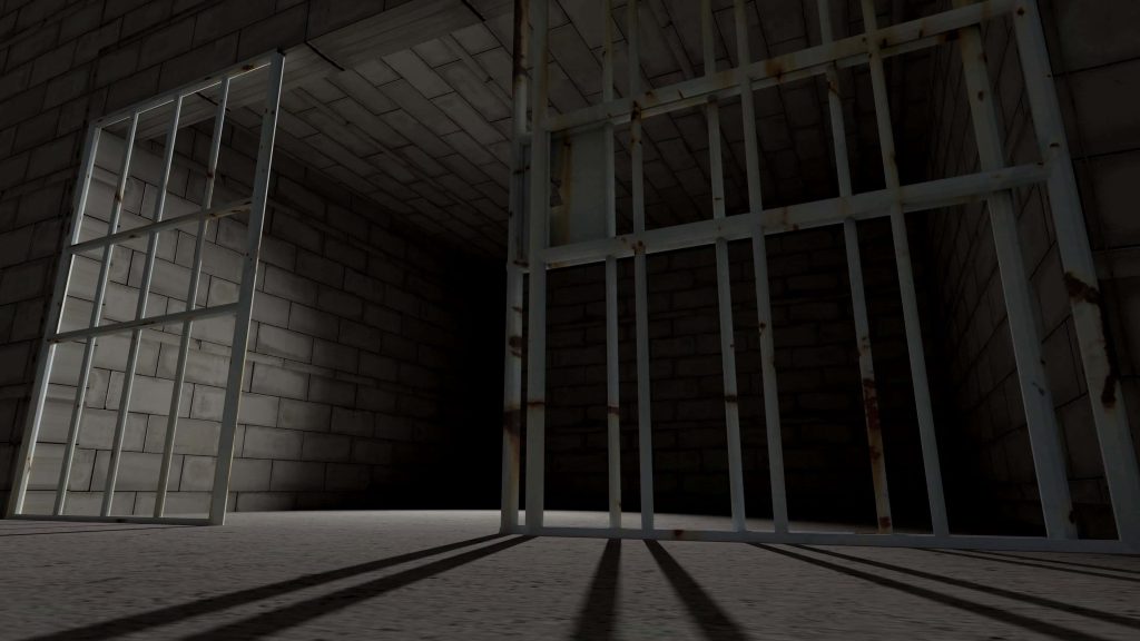 Moody 3D render of an open metal jail door casting shadows on concrete prison cell floor wallpaper