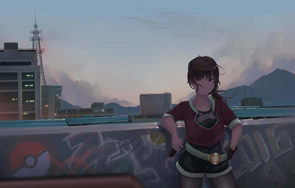 Moody Anime Rooftop Art: Urban Graffiti & Twilight Cityscape Wallpaper