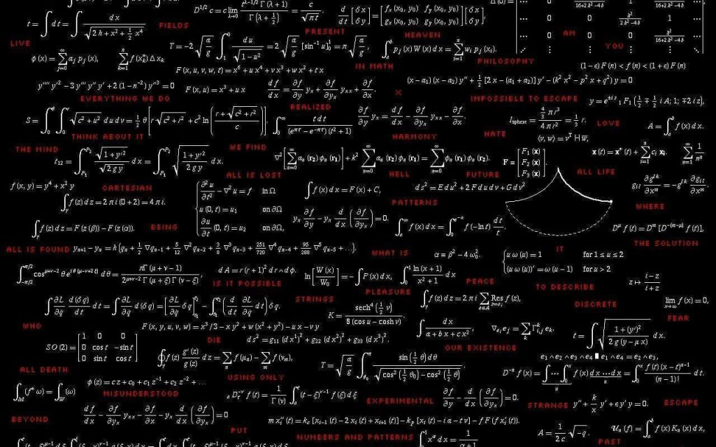Moody blackboard wallpaper with white physics equations red existential words dark background
