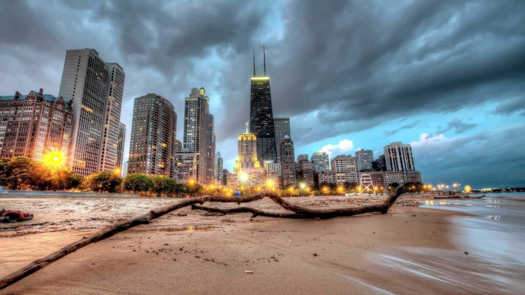 Moody Cityscape Wallpaper: Skyscrapers & Urban Beach Reflections