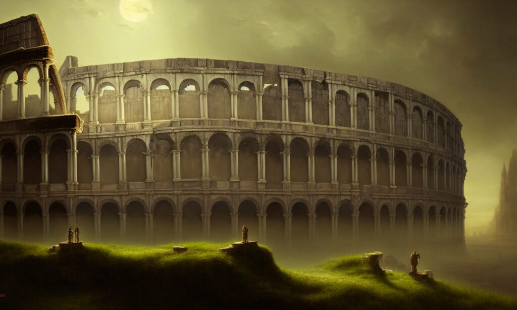 Colosseum wallpaper with moody dark green tones misty atmosphere ancient architecture background