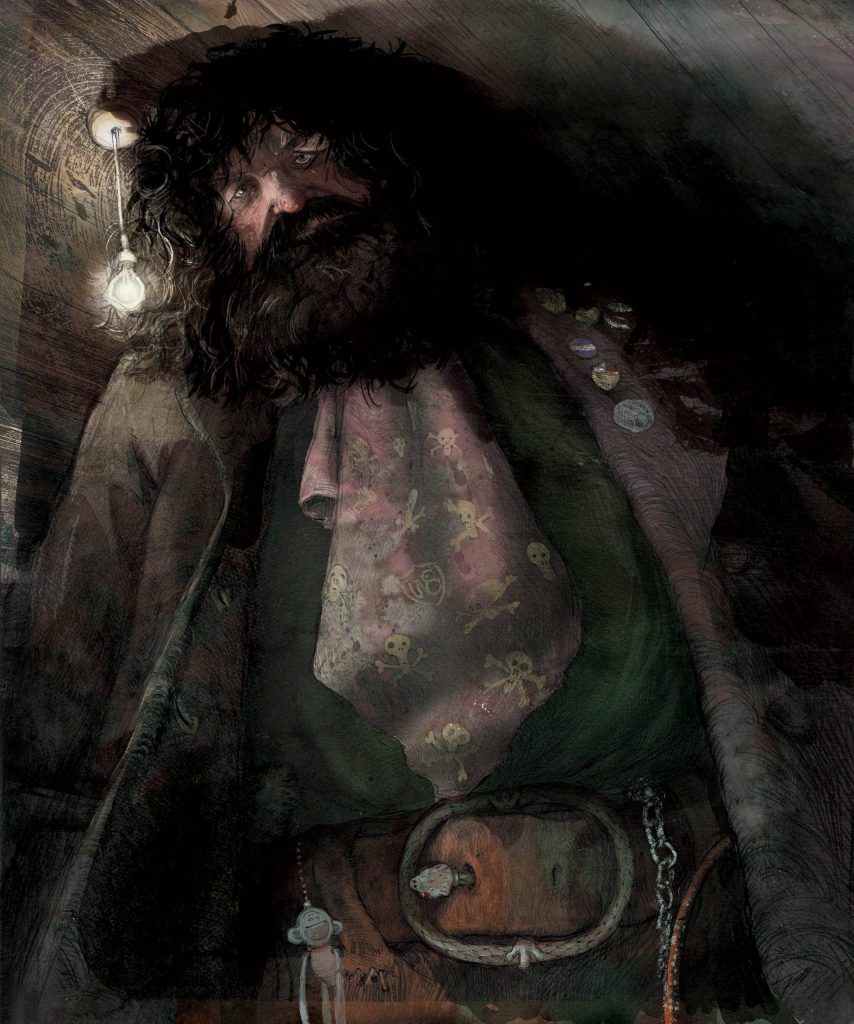 Moody digital illustration of Rubeus Hagrid with wild beard skull scarf glowing bulb wallpaper